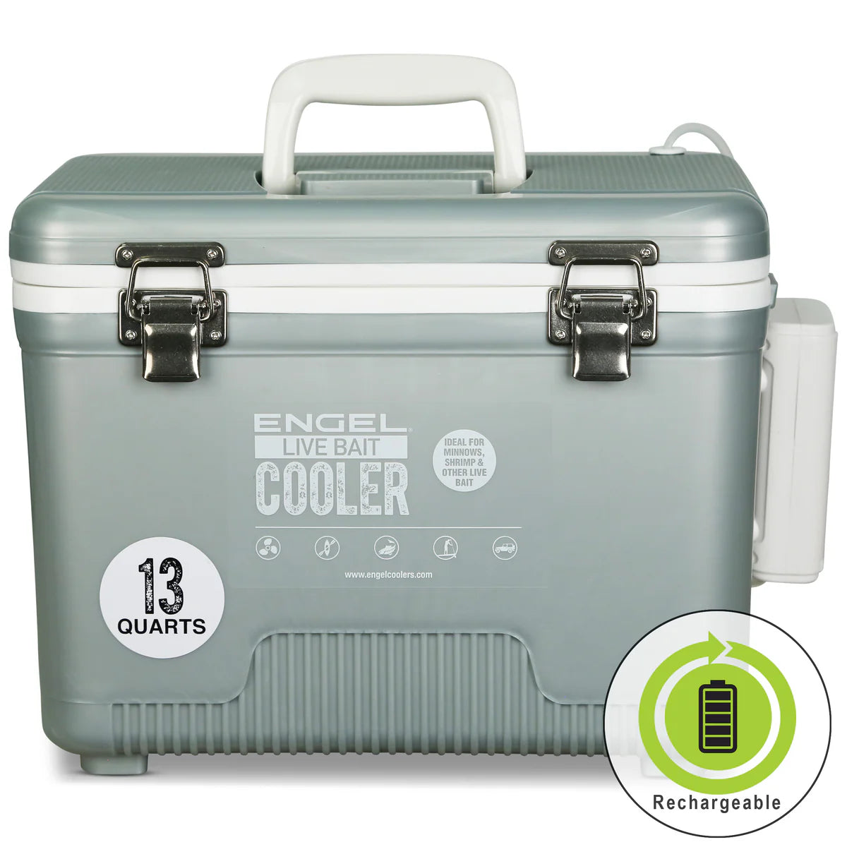 Engel Live bait cooler 19qt Sliver/white inner with rechargeable aerator pump,air Tube, Air Stone, Stainless Hinges, White Shoulder Strap & Net